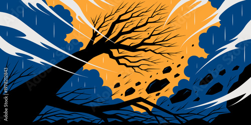 Stylized illustration of a tree bending under intense storm winds and rainfall with debris blowing hurricane silhouette environmental rainfall movement abstract landscape