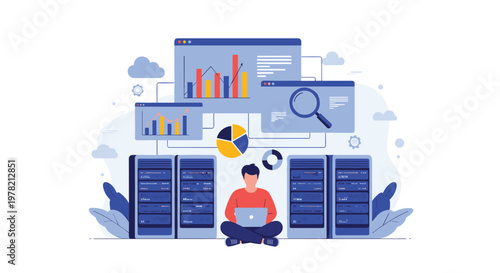 IT professional working on a laptop while surrounded by server racks and large digital screens showing data analysis and performance.