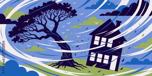 Cartoon illustration of a hurricane or cyclone impacting a house and tree in a rural landscape with hurricane disaster destruction landscape environment emergency residential