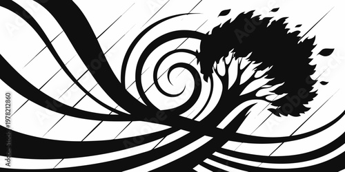 Minimalist black and white illustration of a tree bending in a swirling wind vortex and rain with abstract minimalist silhouette illustration branches hurricane artistic contrast