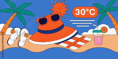 Summer vacation illustration on a beach with hat sunglasses flip flops and summer drink at 30 degrees vacation temperature sunglasses cocktail tropical relaxation seasonal