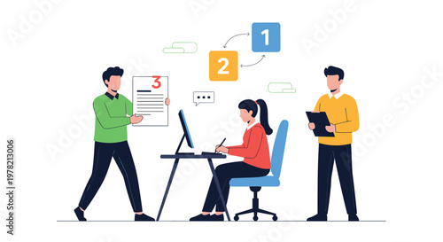 Office workflow illustration with team members managing a three-step business process involving documentation and digital tasks at a computer.