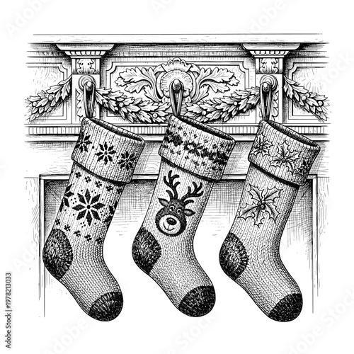 Three Ornate Christmas Stockings Hanging on a Detailed Fireplace Mantel for the Holidays