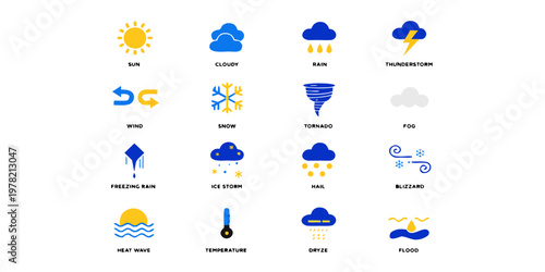Weather icon set featuring sun clouds rain storm wind snow tornado and climate conditions forecast meteorology blizzard heatwave temperature environment interface fahrenheit