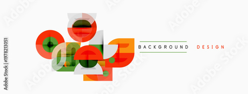 Abstract geometric shapes overlap, creating vibrant design. Colors include orange, green, gray. Minimalist style, clean aesthetic.