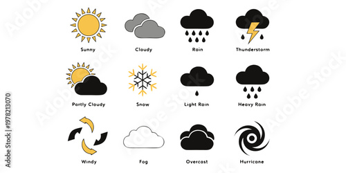 Weather icon set including sunny cloudy rainy thunderstorm snow and hurricane symbols with forecast hurricane overcast meteorology interface environment meteorological conditions