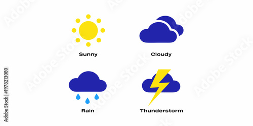 Simple set of four essential weather icons including sun clouds rain and thunderstorm with forecast thunderstorm meteorology interface environment meteorological conditions