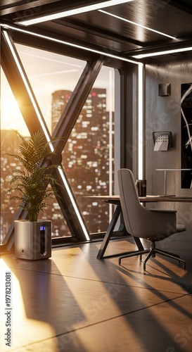 Modern office space with a city view and natural light.