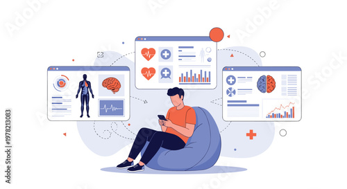 Telehealth and digital medical monitoring concept with a man on a beanbag chair using his smartphone to view various health data and body scans.