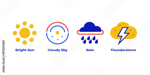 Four weather icons representing bright sun cloudy sky rain and thunderstorm climate patterns with forecast thunderstorm meteorology interface environment meteorological conditions