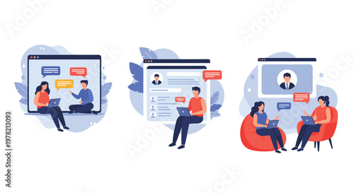 Remote work and virtual collaboration scenes showing diverse people using laptops for video calls and messaging to stay connected while at home.