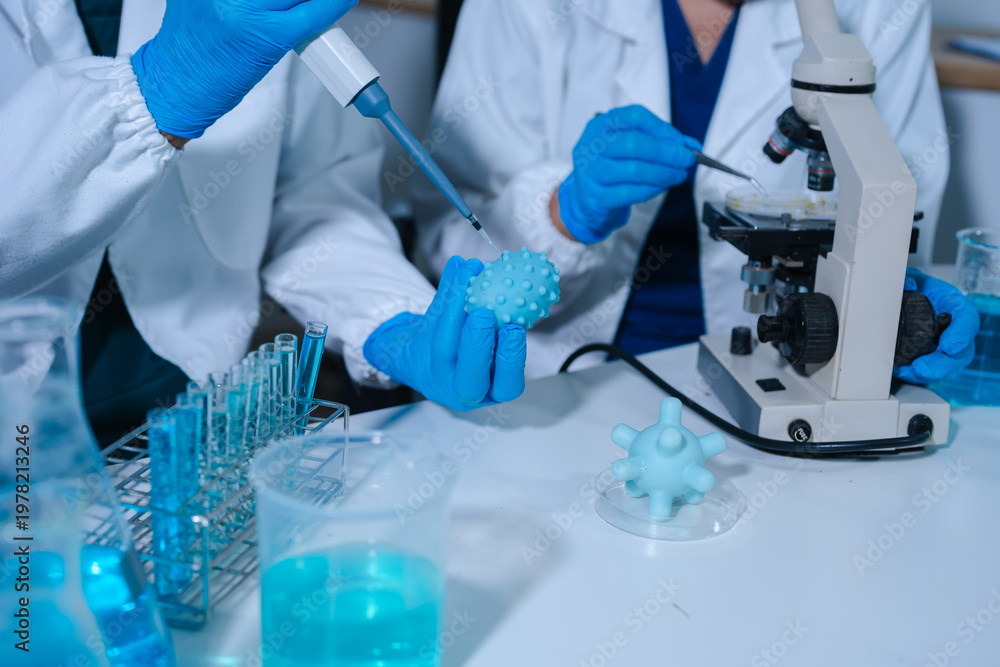 Fototapeta premium Medical test vaccine research and development concept. Scientist in laboratory study and analyze scientific sample of antibody.
