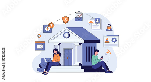 Digital banking and online financial services showing people using mobile devices for transactions in front of a classic bank building architecture.