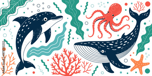 Colorful hand drawn underwater scene with whales dolphins octopus and coral reef elements starfish underwater wildlife colorful illustration creatures environment nautical