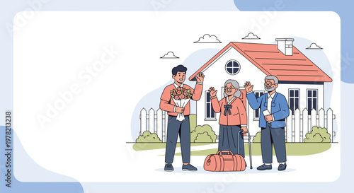 Heartwarming family homecoming scene with a young man holding flowers and greeting his elderly parents at their home with a white picket fence.