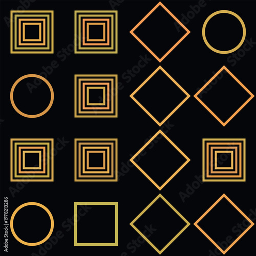 A colorful arrangement of geometric shapes on a with yellow and orange outlines