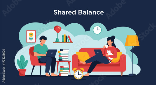Domestic life and work balance concept showing a couple working on laptops while relaxing in a living room with their cat and various home decor.