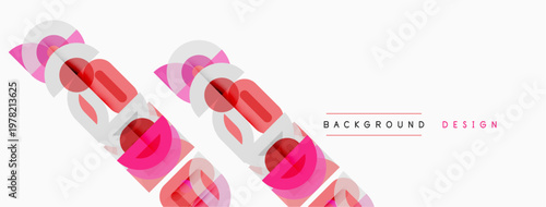 Abstract geometric shapes create vibrant pattern. Pink, green hues dominate design, offering modern aesthetic. Minimalist background enhances visual impact.