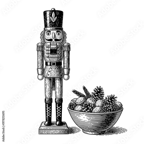A detailed black and white line art illustration of a traditional Nutcracker soldier next to a festive bowl of nuts and pinecones.