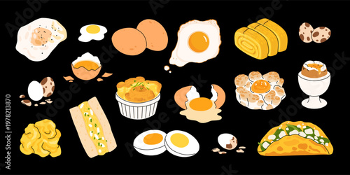 Egg dishes collection illustrations, fried egg, boiled, scrambled, omelette, tamagoyaki, quail eggs, sandwich, dark background food set