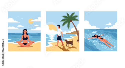 Beach wellness and relaxation activities including yoga meditation and walking a dog at sunset along with floating peacefully in calm ocean water.