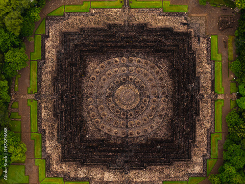Aerial top view of Borobudur temple, UNESCO World Heritage site, Indonesia