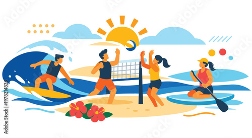 Vector illustration of people enjoying beach sports: surfing, volleyball, and paddleboarding. Sunny day with ocean waves and palm trees.