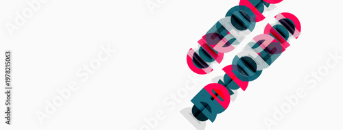 Abstract design features repeating text elements. Colors include red, pink, black, gray, white. Composition appears layered, dynamic.