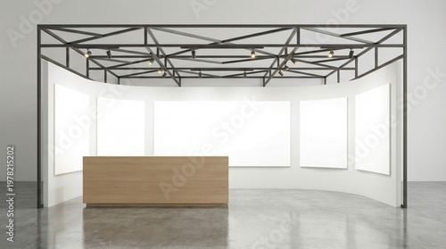 Modern Exhibition Booth Mockup with Blank White Posters, Wooden Reception Desk, and Industrial Metal Frame in a Minimalist Studio Interior