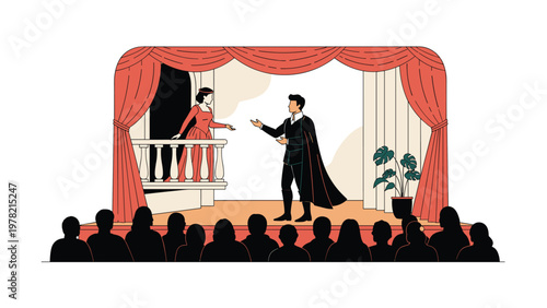 Classic scene from Romeo and Juliet is performed on a theater stage with the iconic balcony and an audience in shadow.