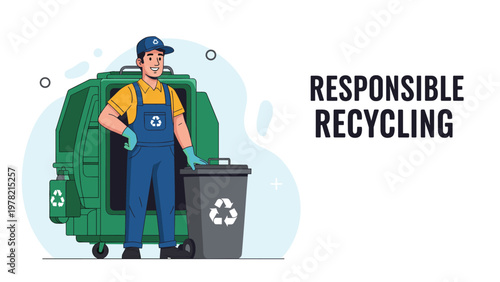 Responsible recycling worker in uniform stands next to a large green bin and a grey trash can with recycling symbols.