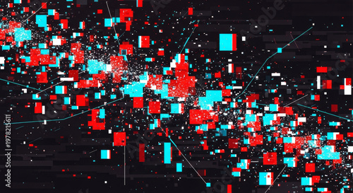 A vibrant digital graphic with colorful pixels and lines on a black background