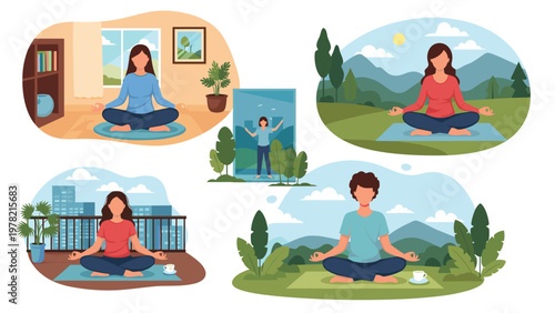 Diverse people practice yoga and meditation in several peaceful settings including home, mountains, and a city balcony.