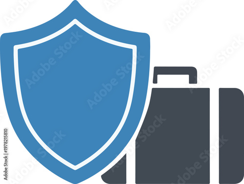 Blue shield icon positioned next to a dark grey briefcase representing secure travel and professional luggage protection services