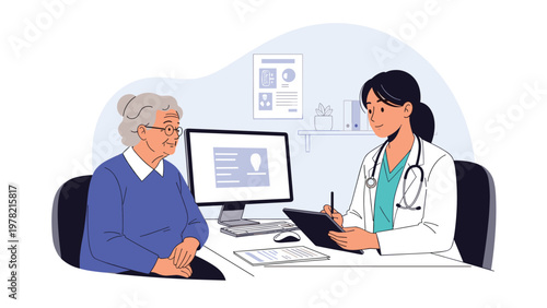 Compassionate female doctor in a white coat takes notes while consulting with an elderly woman patient in a modern clinic.