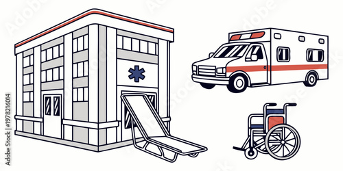 Medical building with ambulance stretcher and wheelchair medical vehicle medical transport public health medical institution emergency vehicle medical help hospital vehicle