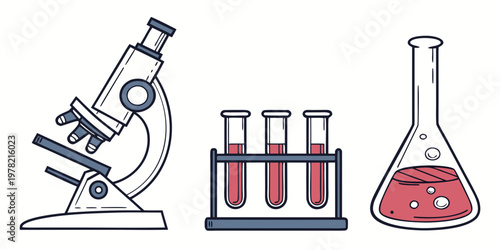 Microscope test tubes flask with red liquid in laboratory setting science and technology scientific instrument analysis equipment molecular biology research and development