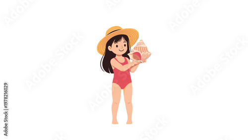 Cute little girl in a red swimsuit and straw hat listens carefully to the sound of the ocean in a large spiral seashell.
