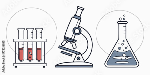 Laboratory equipment with microscope test tubes flask with bubbling liquid science and technology scientific instrument analysis equipment molecular biology research