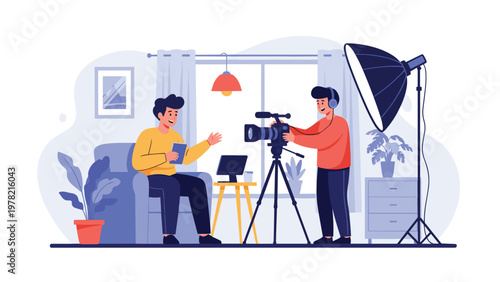 Professional media team records a video interview in a home studio using a modern camera, lights, and a boom microphone.