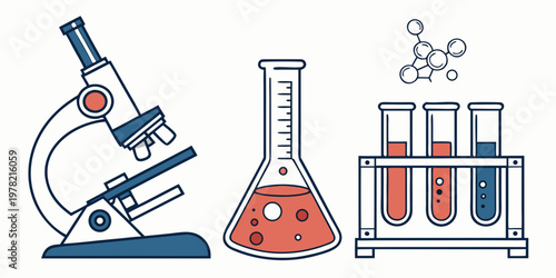 Microscope flask test tubes in rack with colorful liquids and molecule icon science and research lab graphic elements flat design microscope molecule research laboratory chemistry