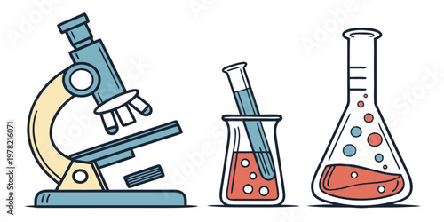 Cartoon microscope test tubes and beakers with colorful liquids science and research lab equipment flat vector illustration test tube flat design microscope research laboratory