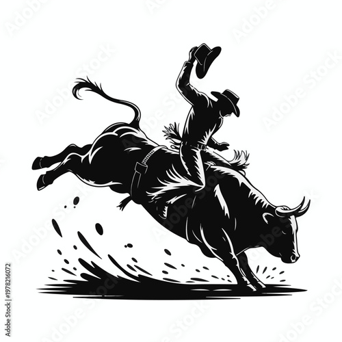 Cowboy Riding Bucking Bull Silhouette – Rodeo Action Western Vector Illustration