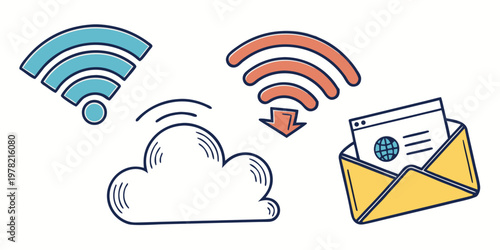 Doodle icons representing cloud computing wi fi signals and email internet technology communication connection wireless download information business software smartphone