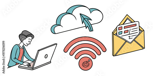 Person using laptop with cloud upload email icons technology internet communication connection wireless illustration information business software computer transfer document