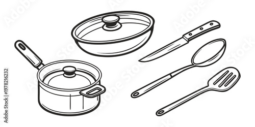 Line art illustration of kitchen cookware and utensils including pots pans a knife a spoon a spatula with cookware utensils illustration collection appliance equipment preparing