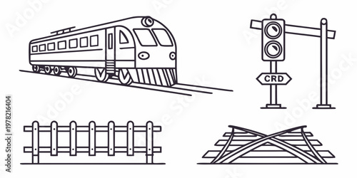 Train railroad crossing fence signal icon set with traffic light public transport freight train passenger train public transportation railroad transport crossing illustration