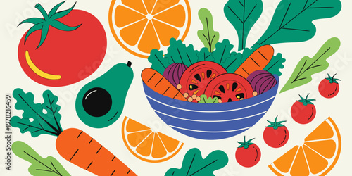 Flat lay illustration of a healthy salad bowl with fresh organic vegetables including tomatoes avocado carrots orange slices green leaves on a light background vegetable vegetarian