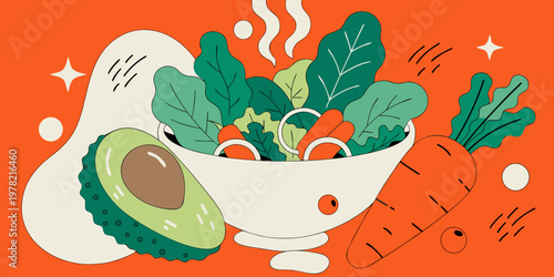 Stylized illustration of a healthy salad bowl with a halved avocado and a fresh carrot set against a orange background with abstract design elements vegetable background illustration