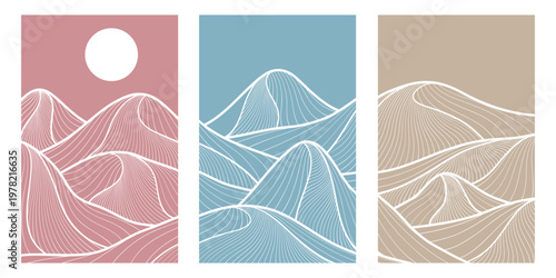Set of mountain line art backgrounds, luxury wallpaper designs for covers, invitation backgrounds, white line designs, wall art and prints. Vector illustration.
